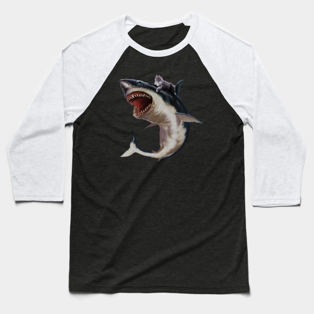 Funny Maine Coon Cat Riding Shark, Cat Lover Baseball T-Shirt by dukito